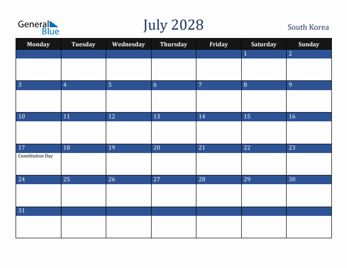 July 2028 South Korea Calendar (Monday Start)
