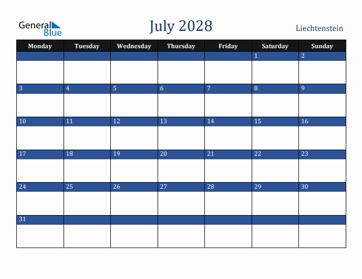 July 2028 Liechtenstein Calendar (Monday Start)