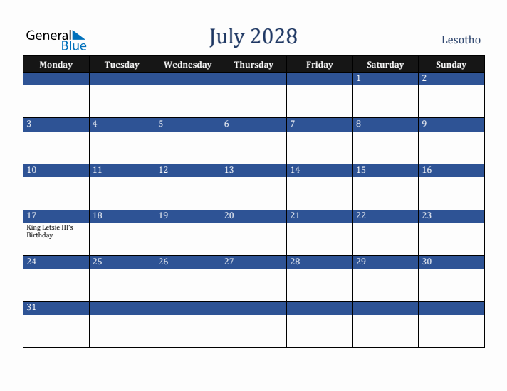July 2028 Lesotho Calendar (Monday Start)