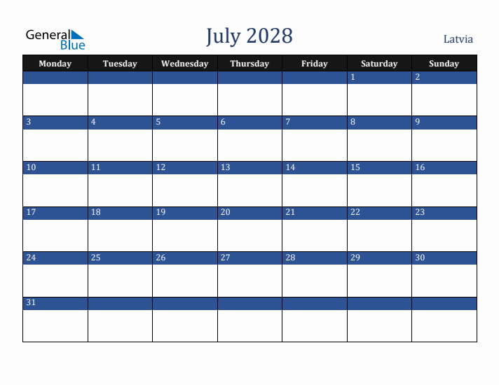 July 2028 Latvia Calendar (Monday Start)