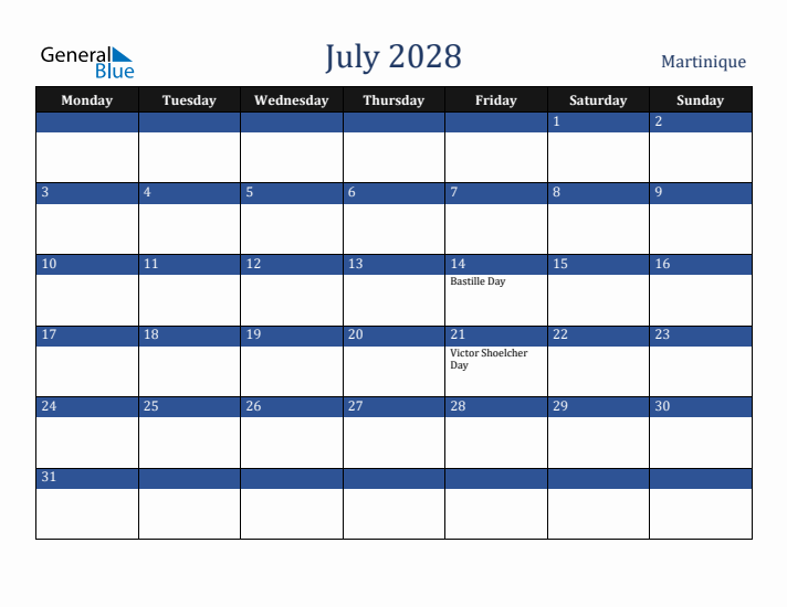 July 2028 Martinique Calendar (Monday Start)