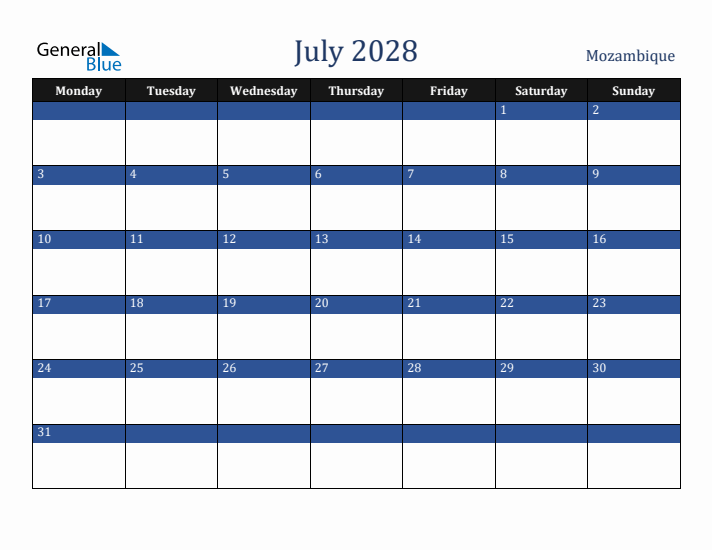 July 2028 Mozambique Calendar (Monday Start)
