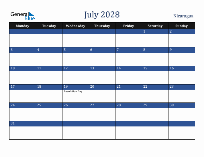 July 2028 Nicaragua Calendar (Monday Start)