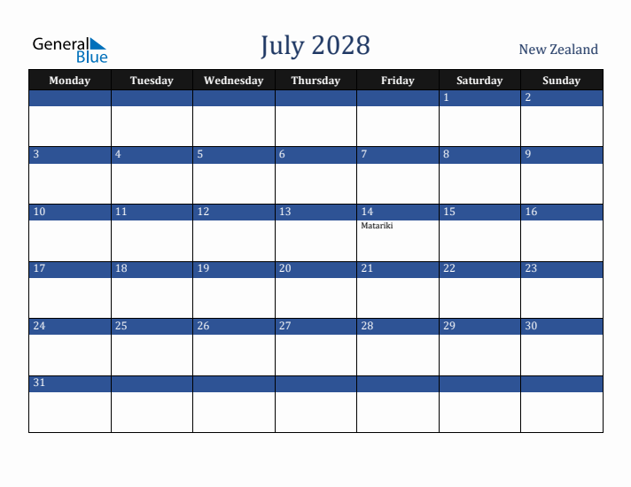 July 2028 New Zealand Calendar (Monday Start)
