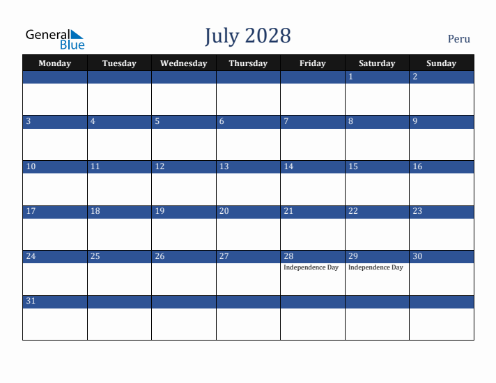 July 2028 Peru Calendar (Monday Start)