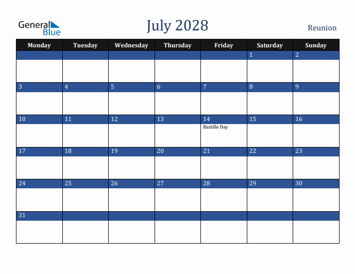 July 2028 Reunion Calendar (Monday Start)
