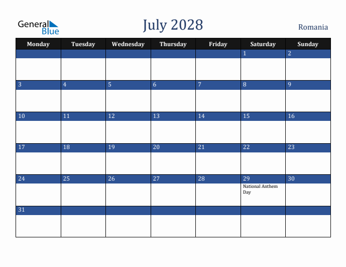 July 2028 Romania Calendar (Monday Start)
