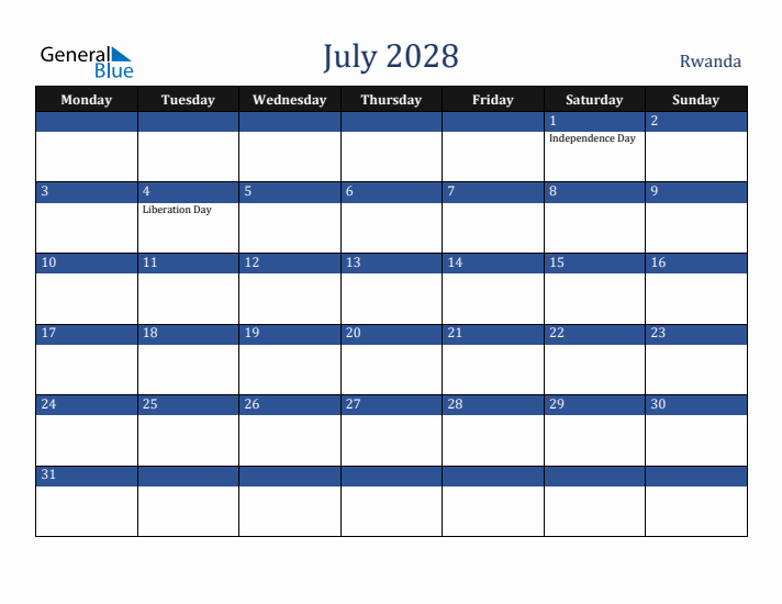 July 2028 Rwanda Calendar (Monday Start)