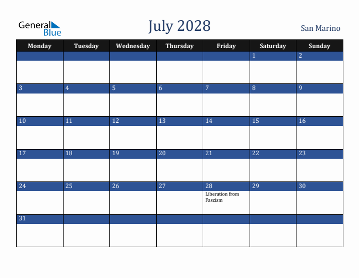 July 2028 San Marino Calendar (Monday Start)