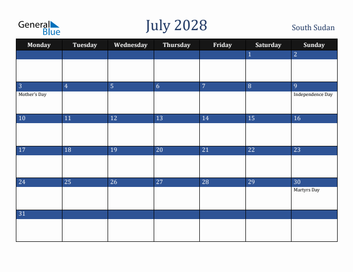 July 2028 South Sudan Calendar (Monday Start)