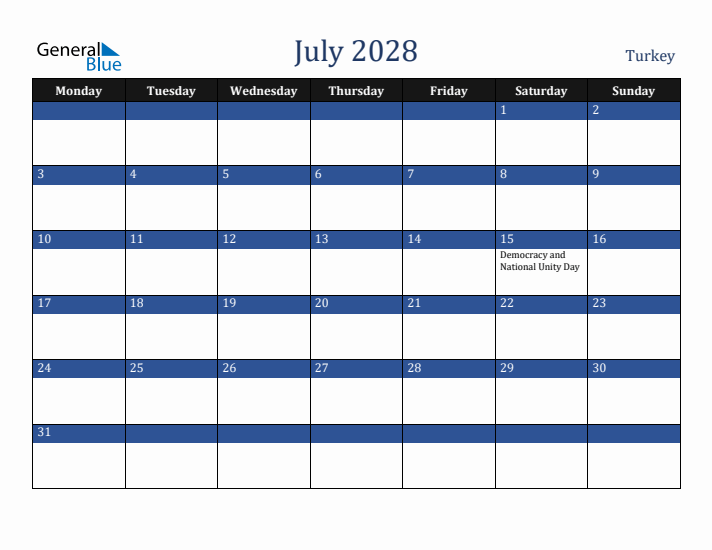 July 2028 Turkey Calendar (Monday Start)