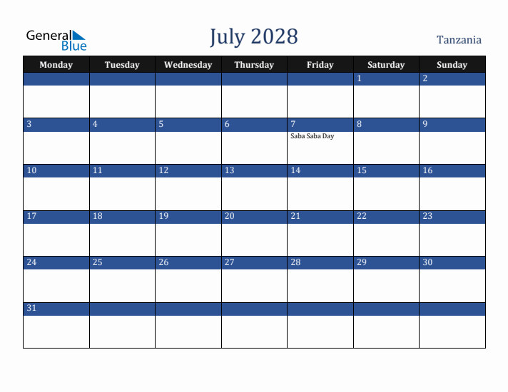 July 2028 Tanzania Calendar (Monday Start)