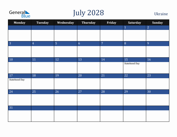 July 2028 Ukraine Calendar (Monday Start)