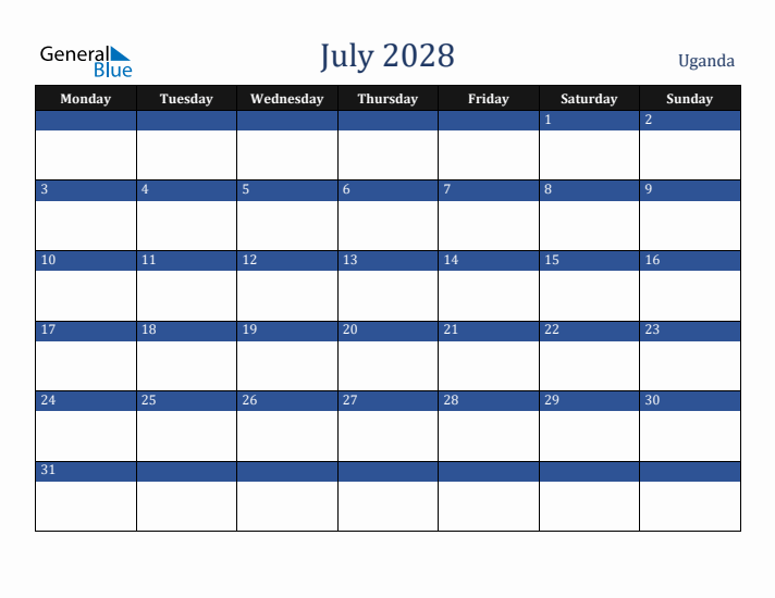 July 2028 Uganda Calendar (Monday Start)