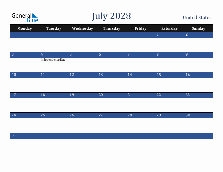 July 2028 United States Calendar (Monday Start)