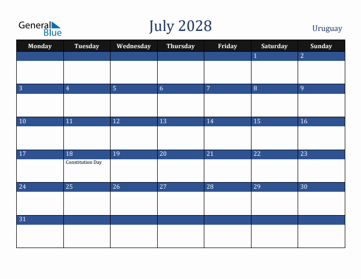 July 2028 Uruguay Calendar (Monday Start)