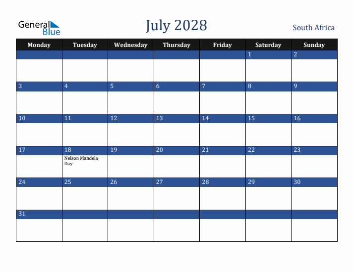 July 2028 South Africa Calendar (Monday Start)