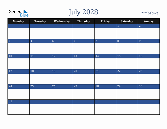 July 2028 Zimbabwe Calendar (Monday Start)
