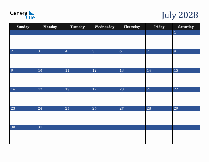 Sunday Start Calendar for July 2028