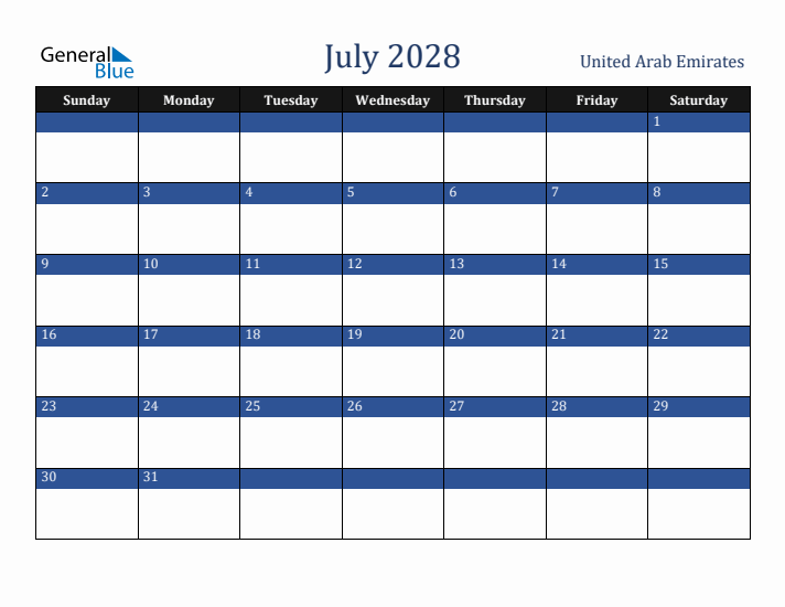 July 2028 United Arab Emirates Calendar (Sunday Start)
