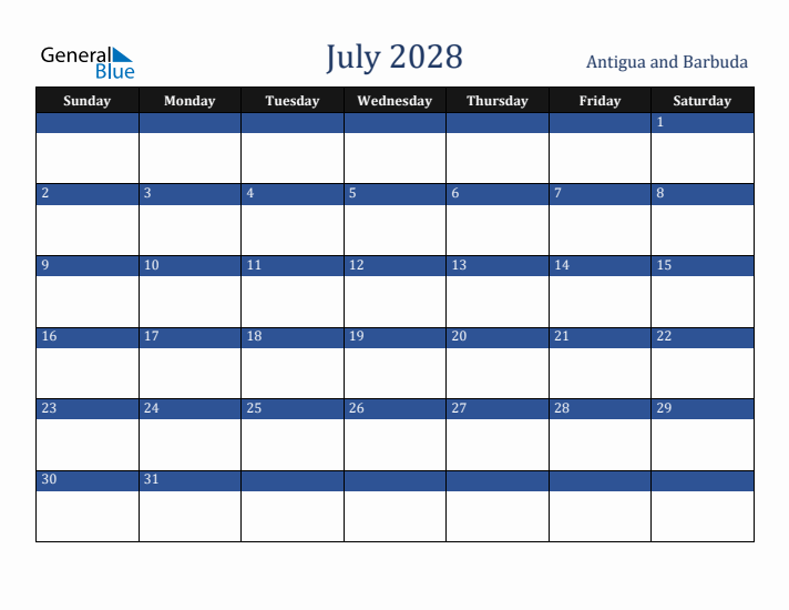 July 2028 Antigua and Barbuda Calendar (Sunday Start)