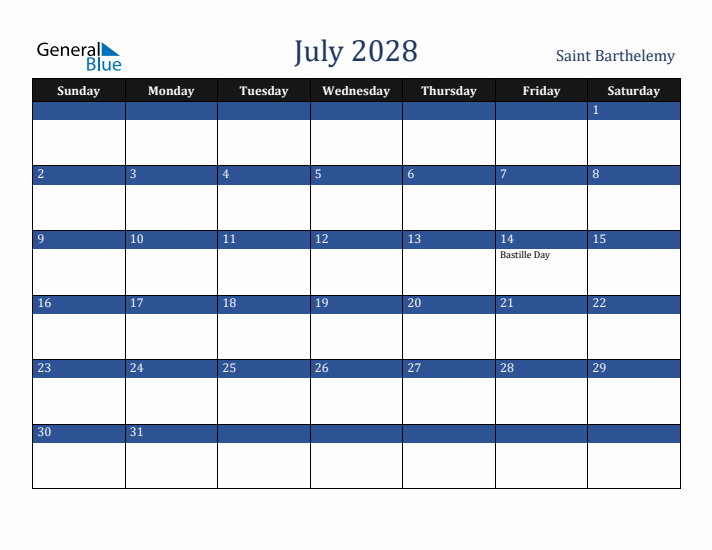 July 2028 Saint Barthelemy Calendar (Sunday Start)