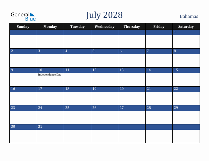 July 2028 Bahamas Calendar (Sunday Start)