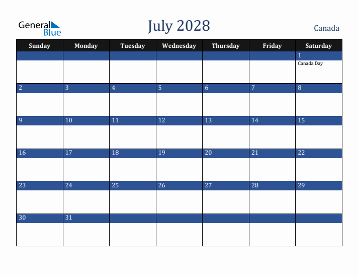 July 2028 Canada Calendar (Sunday Start)