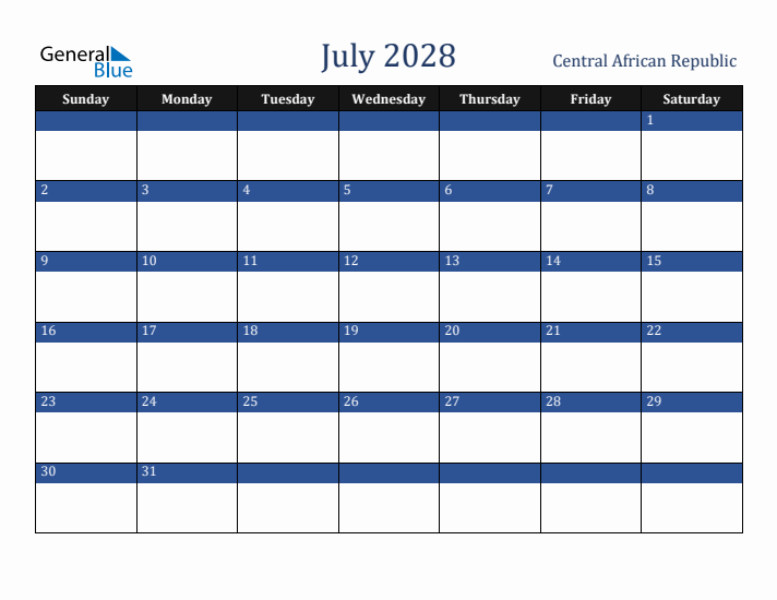 July 2028 Central African Republic Calendar (Sunday Start)