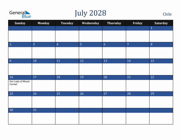 July 2028 Chile Calendar (Sunday Start)
