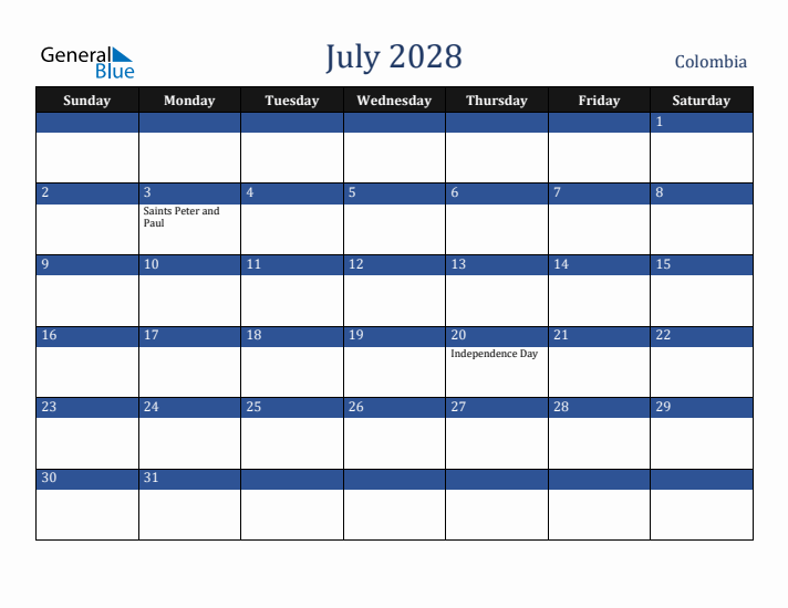 July 2028 Colombia Calendar (Sunday Start)