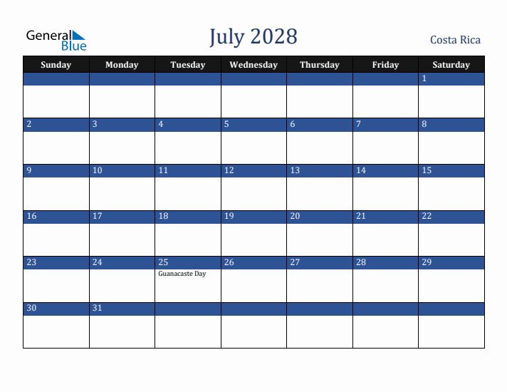 July 2028 Costa Rica Calendar (Sunday Start)