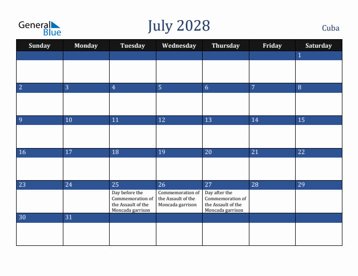 July 2028 Cuba Calendar (Sunday Start)
