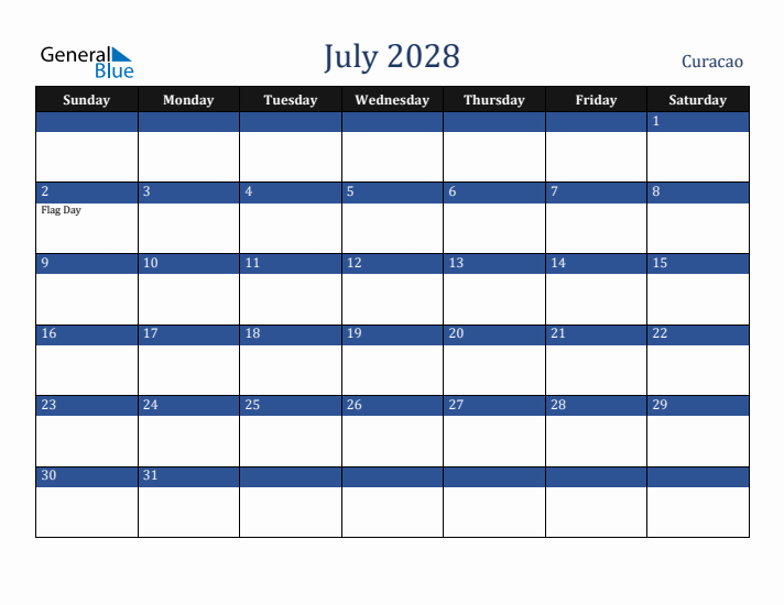 July 2028 Curacao Calendar (Sunday Start)