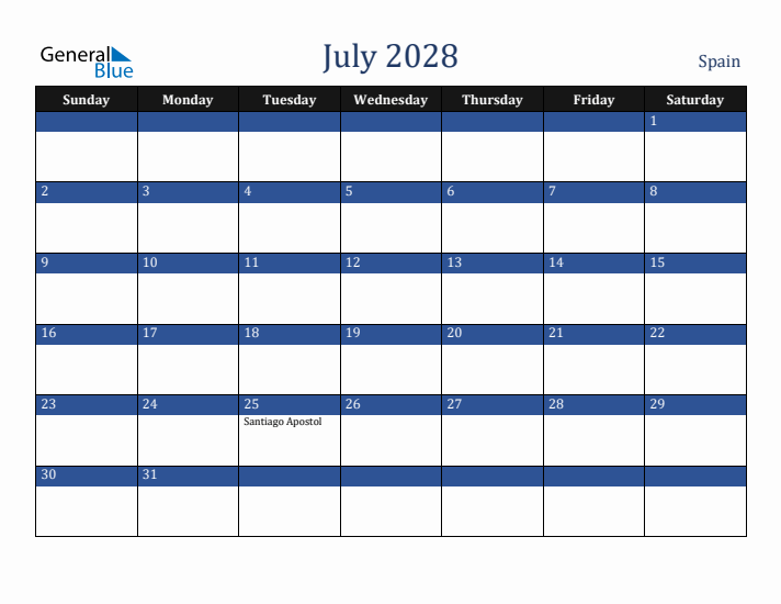 July 2028 Spain Calendar (Sunday Start)