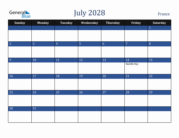July 2028 France Calendar (Sunday Start)