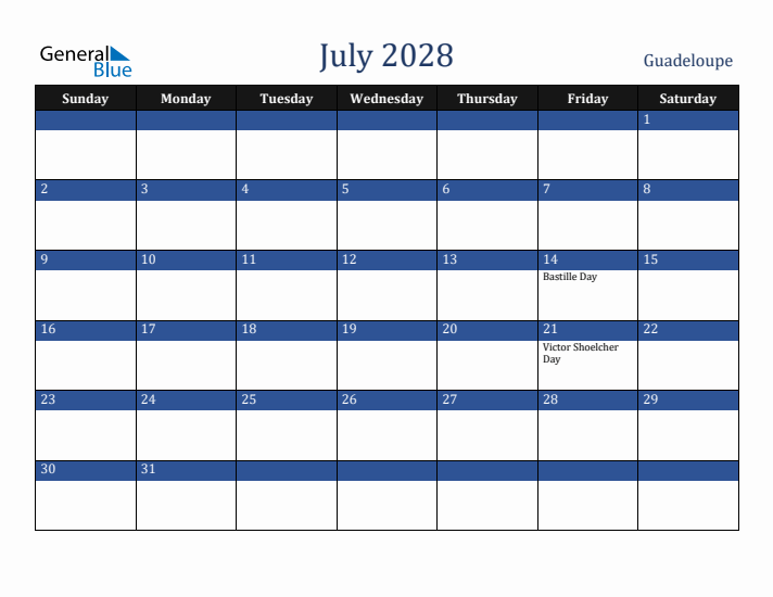 July 2028 Guadeloupe Calendar (Sunday Start)
