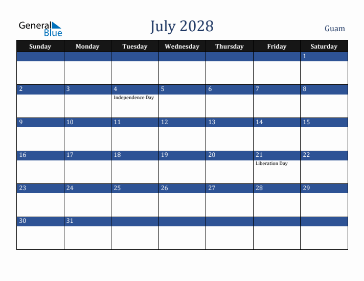 July 2028 Guam Calendar (Sunday Start)