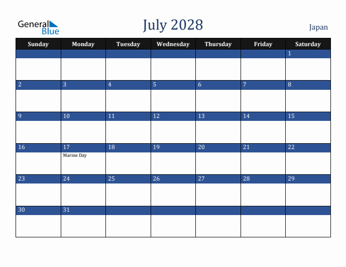July 2028 Japan Calendar (Sunday Start)