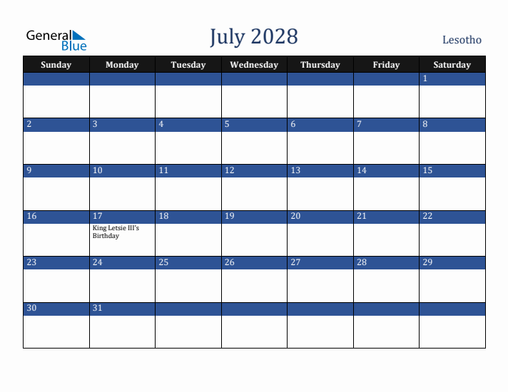 July 2028 Lesotho Calendar (Sunday Start)