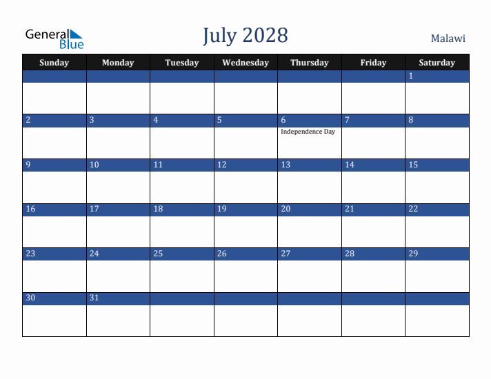 July 2028 Malawi Calendar (Sunday Start)
