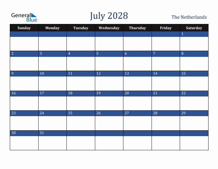 July 2028 The Netherlands Calendar (Sunday Start)