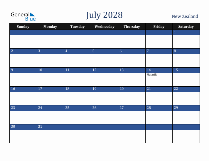 July 2028 New Zealand Calendar (Sunday Start)