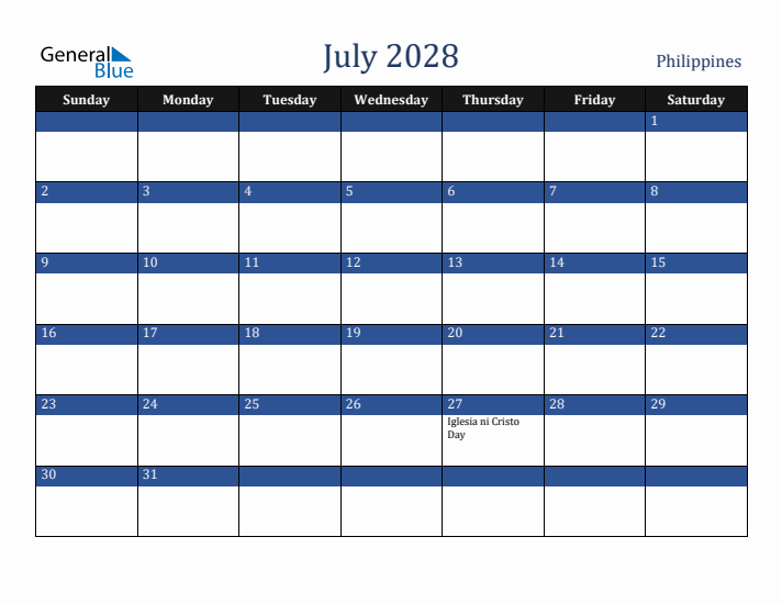 July 2028 Philippines Calendar (Sunday Start)