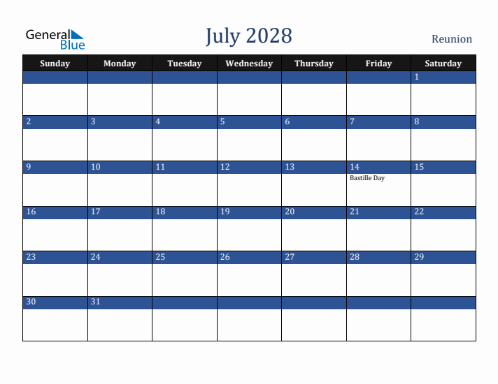 July 2028 Reunion Calendar (Sunday Start)