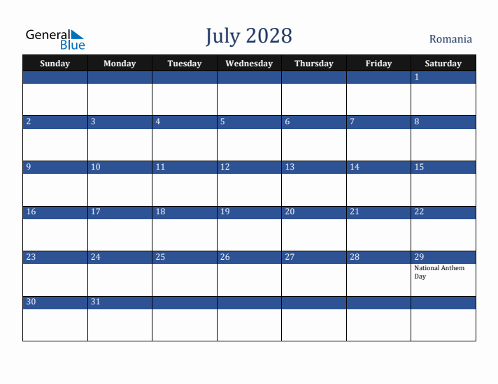 July 2028 Romania Calendar (Sunday Start)