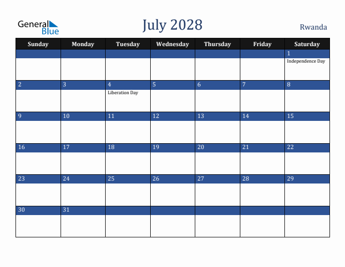 July 2028 Rwanda Calendar (Sunday Start)