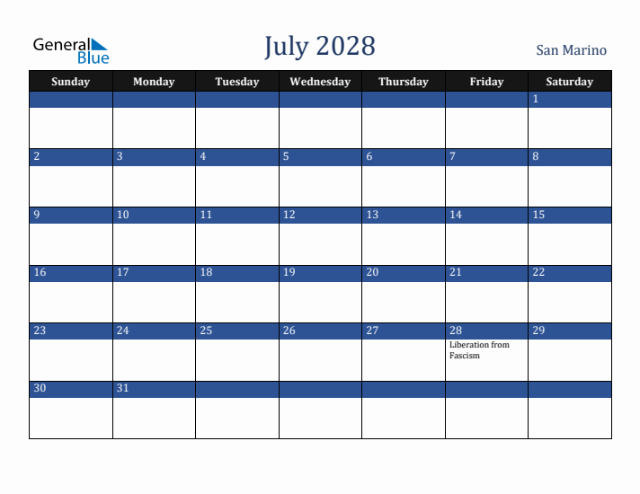 July 2028 San Marino Calendar (Sunday Start)