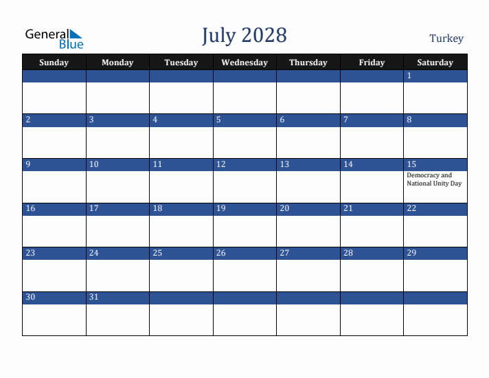 July 2028 Turkey Calendar (Sunday Start)