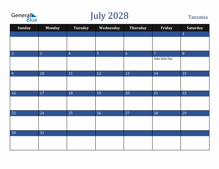 July 2028 Tanzania Calendar (Sunday Start)